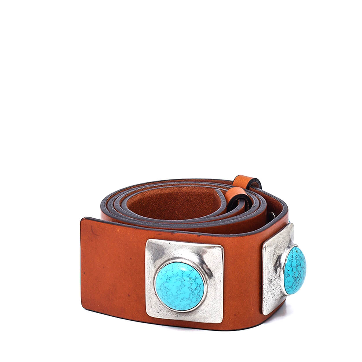 Etro- Brown Calf Leather Turquoise Gemstone Detailed Silver Toned Belt   34||85